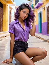 A young Cuban woman with ombre hair crimped curls and grey squinty eyes in Cartagena